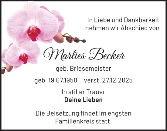 Traueranzeige von Marlies Becker von Märkische Oderzeitung