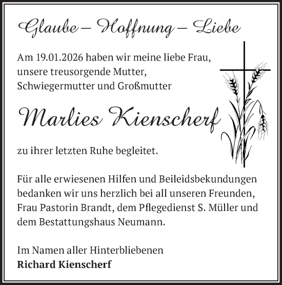 Traueranzeige von Marlies Kienscherf von Märkische Oderzeitung