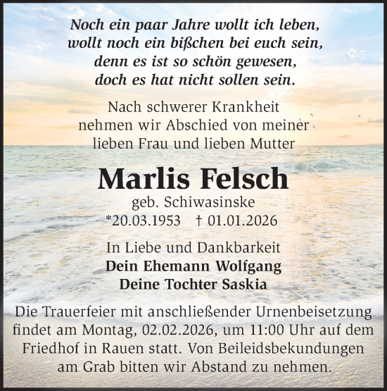 Traueranzeige von Marlis Felsch von Märkische Oderzeitung