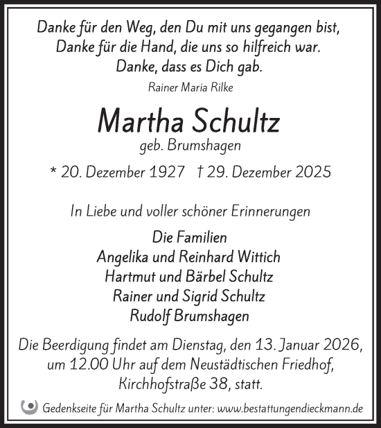 Traueranzeige von Martha Schultz von Märkische Oderzeitung