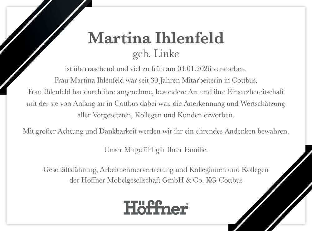  Traueranzeige für Martina Ihlenfeld vom 31.01.2026 aus Märkische Oderzeitung