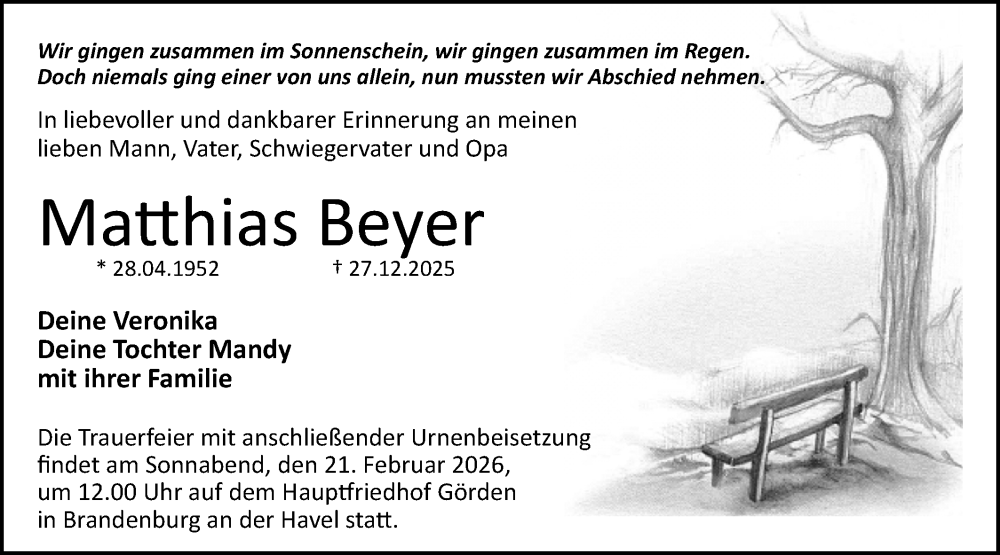  Traueranzeige für Matthias Beyer vom 31.01.2026 aus Märkische Oderzeitung