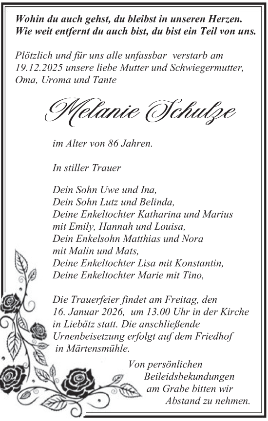 Traueranzeige von Melanie Schulze  von Blickpunkt Jüterbog/Luckenwalde