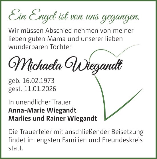 Traueranzeige von Michaela Wiegandt von Märkische Oderzeitung
