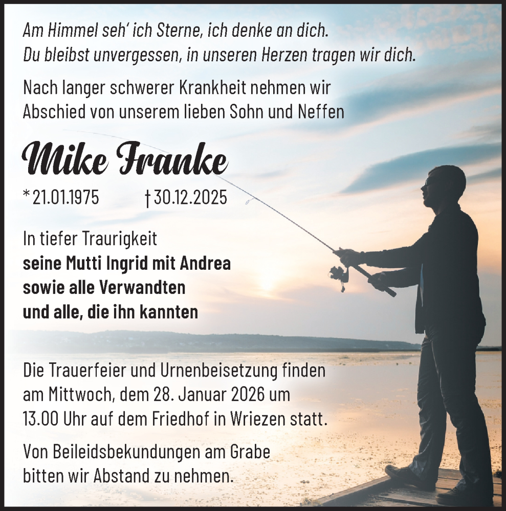  Traueranzeige für Mike Franke vom 17.01.2026 aus MO Oderld.-Echo