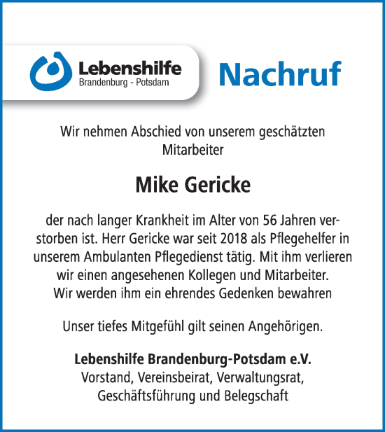 Traueranzeige von Mike Gericke von Märkische Oderzeitung