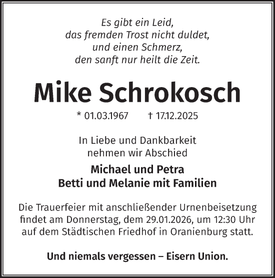 Traueranzeige von Mike Schrokosch von Märkische Oderzeitung