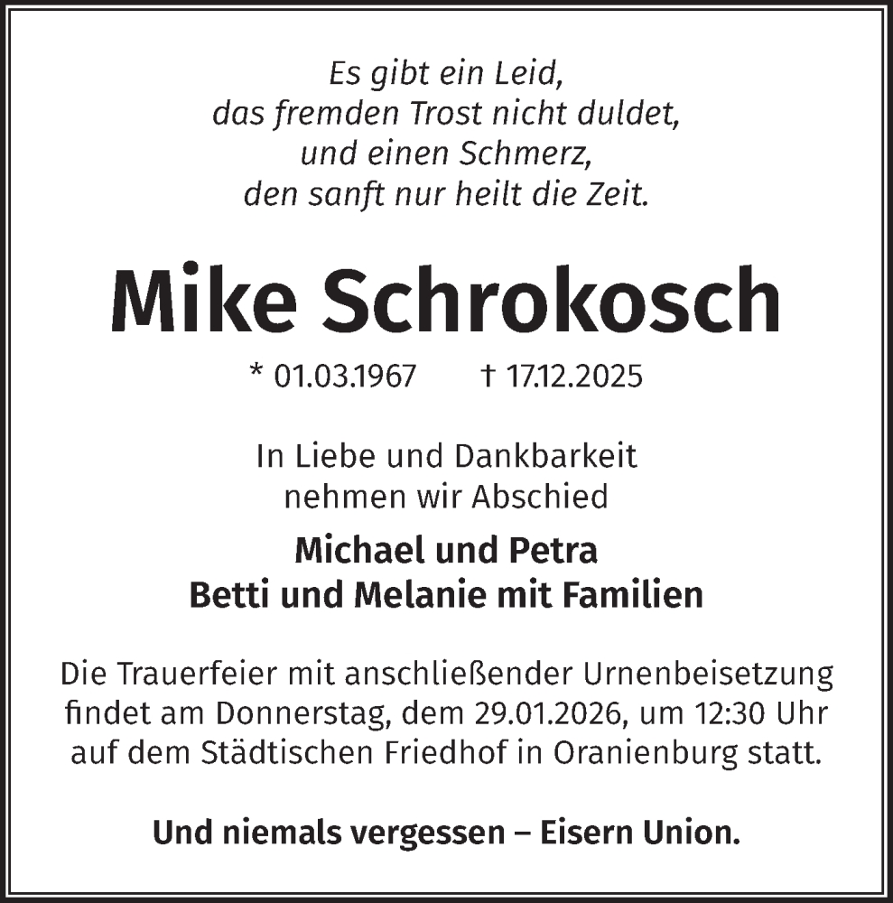  Traueranzeige für Mike Schrokosch vom 17.01.2026 aus Märkische Oderzeitung