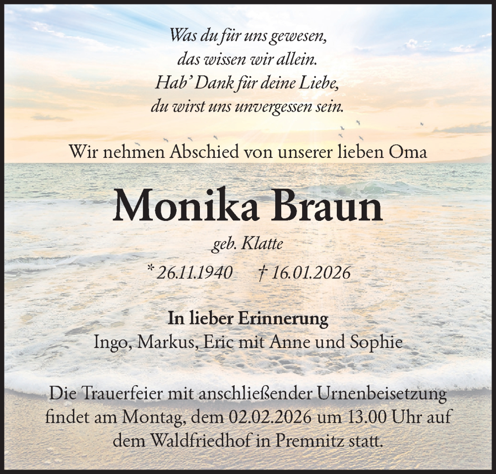  Traueranzeige für Monika Braun vom 24.01.2026 aus Märkische Oderzeitung