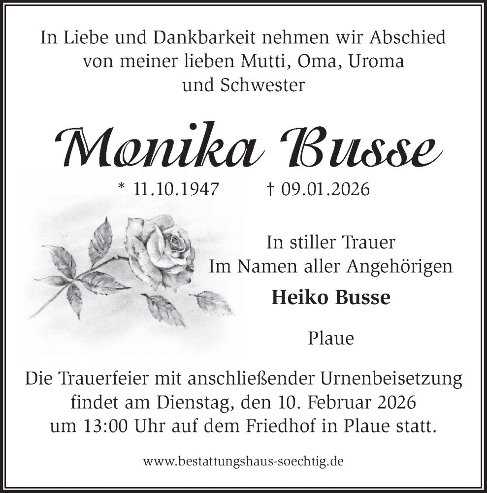  Traueranzeige für Monika Busse vom 17.01.2026 aus Märkische Oderzeitung