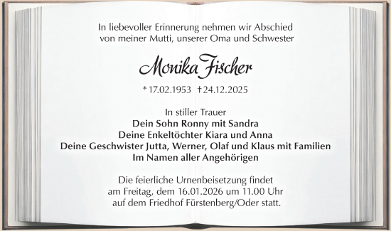 Traueranzeige von Monika Fischer von Märkische Oderzeitung