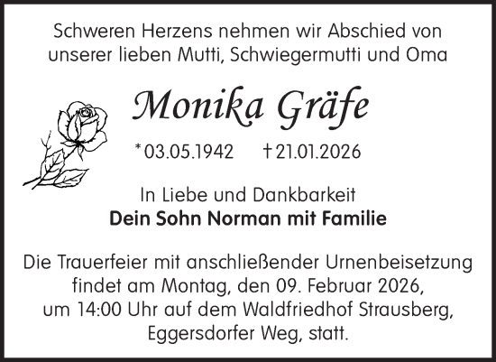 Traueranzeige von Monika Gräfe von Märkische Oderzeitung