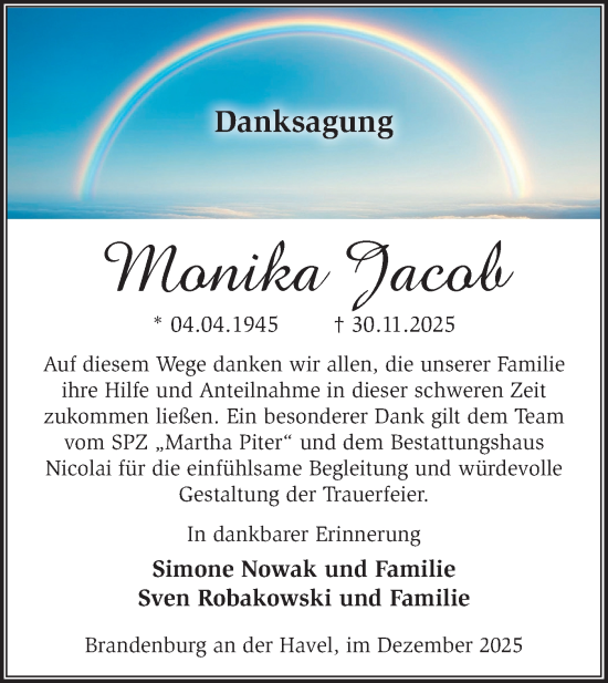 Traueranzeige von Monika Jacob von Märkische Oderzeitung