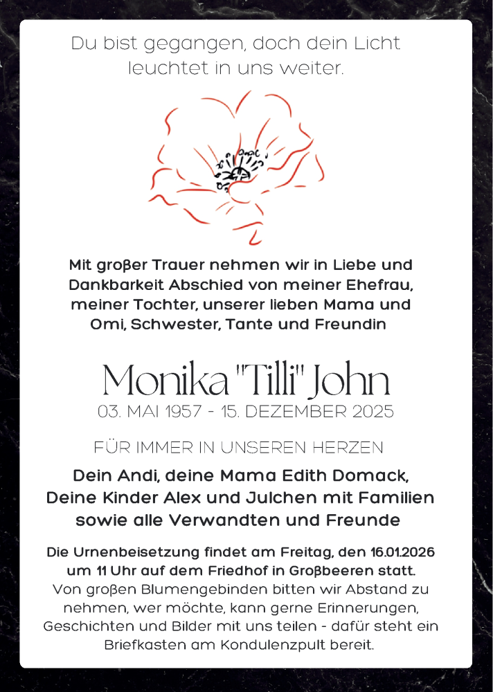  Traueranzeige für Monika John vom 10.01.2026 aus Blickpunkt Ludwigsfelde/Zossen