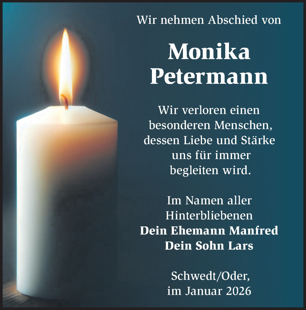  Traueranzeige für Monika Petermann vom 31.01.2026 aus MO Uckerm.-Anz.