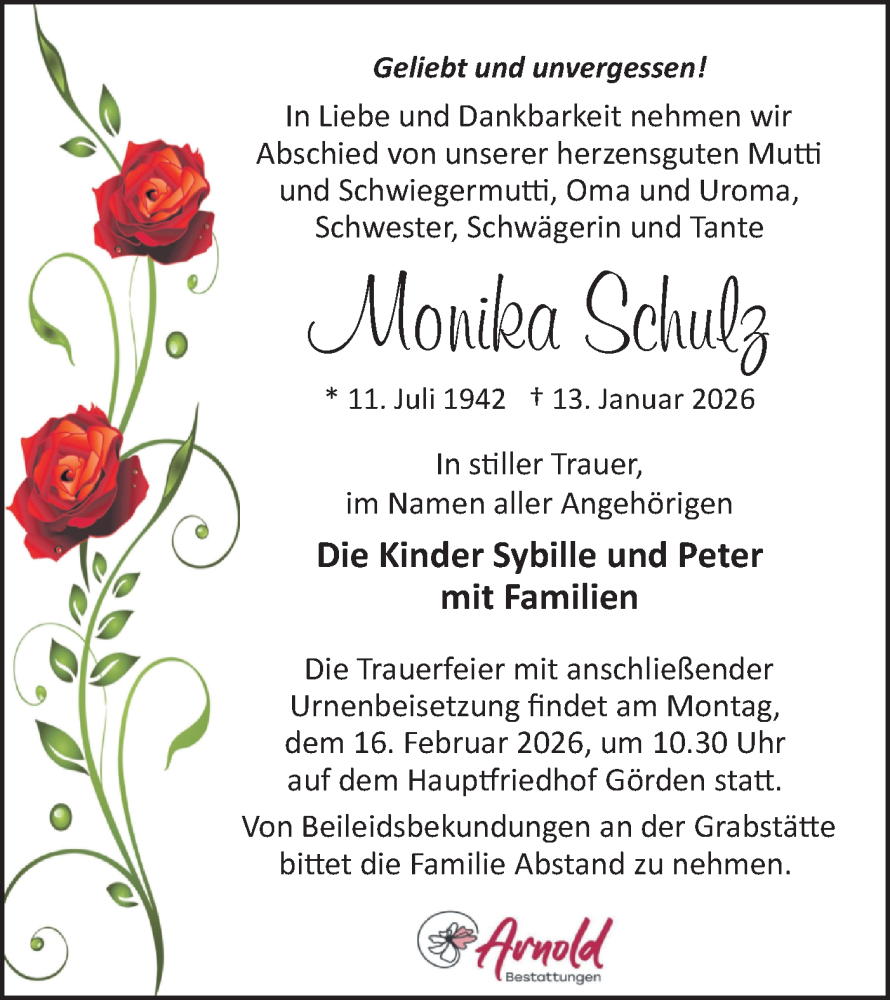  Traueranzeige für Monika Schulz vom 24.01.2026 aus Märkische Oderzeitung