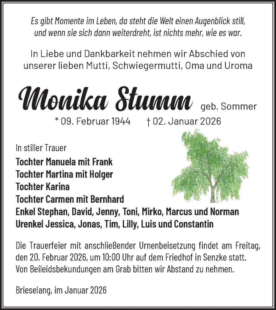  Traueranzeige für Monika Stumm vom 17.01.2026 aus Märkische Oderzeitung