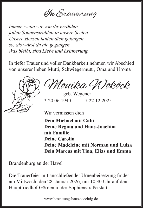 Traueranzeige von Monika Woköck von Märkische Oderzeitung