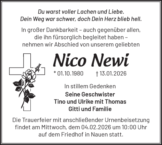 Traueranzeige von Nico Newi von Märkische Oderzeitung