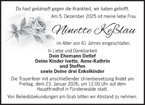 Traueranzeige von Ninette Keßlau von Märkische Oderzeitung