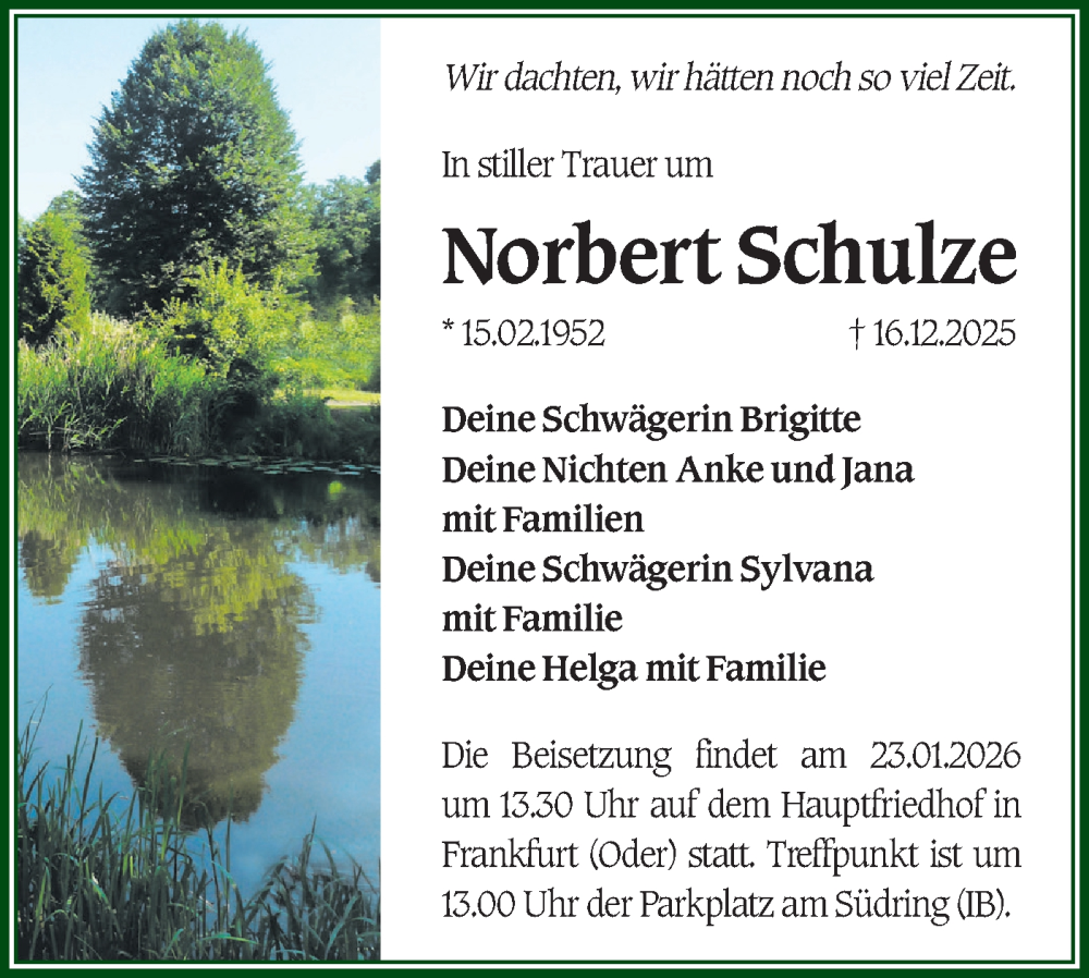  Traueranzeige für Norbert Schulze vom 17.01.2026 aus Märkische Oderzeitung