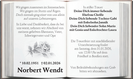 Traueranzeige von Norbert Wendt von Märkische Oderzeitung