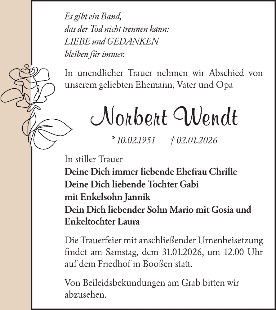  Traueranzeige für Norbert Wendt vom 17.01.2026 aus MO Oderld.-Echo