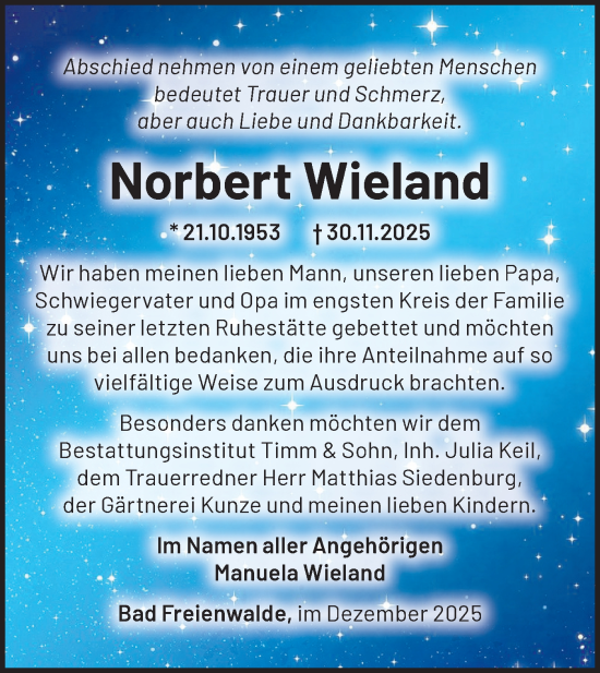 Traueranzeige von Norbert Wieland von MO Oderld.-Echo