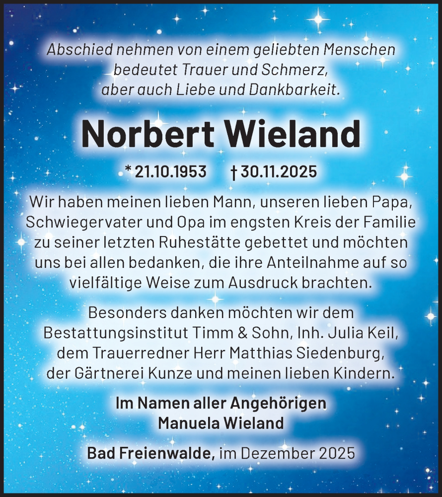  Traueranzeige für Norbert Wieland vom 09.01.2026 aus MO Oderld.-Echo