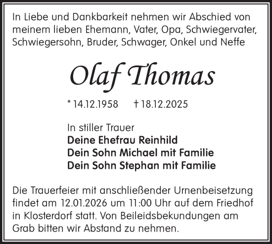 Traueranzeige von Olaf Thomas von Märkische Oderzeitung