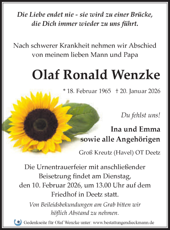Traueranzeige von Olaf Ronald Wenzke von Märkische Oderzeitung