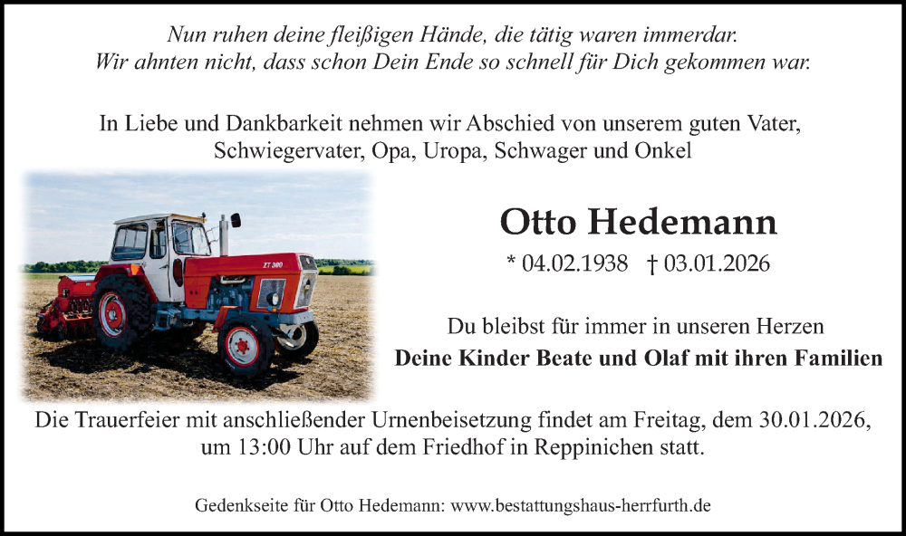  Traueranzeige für Otto Hedemann vom 17.01.2026 aus Märkische Oderzeitung