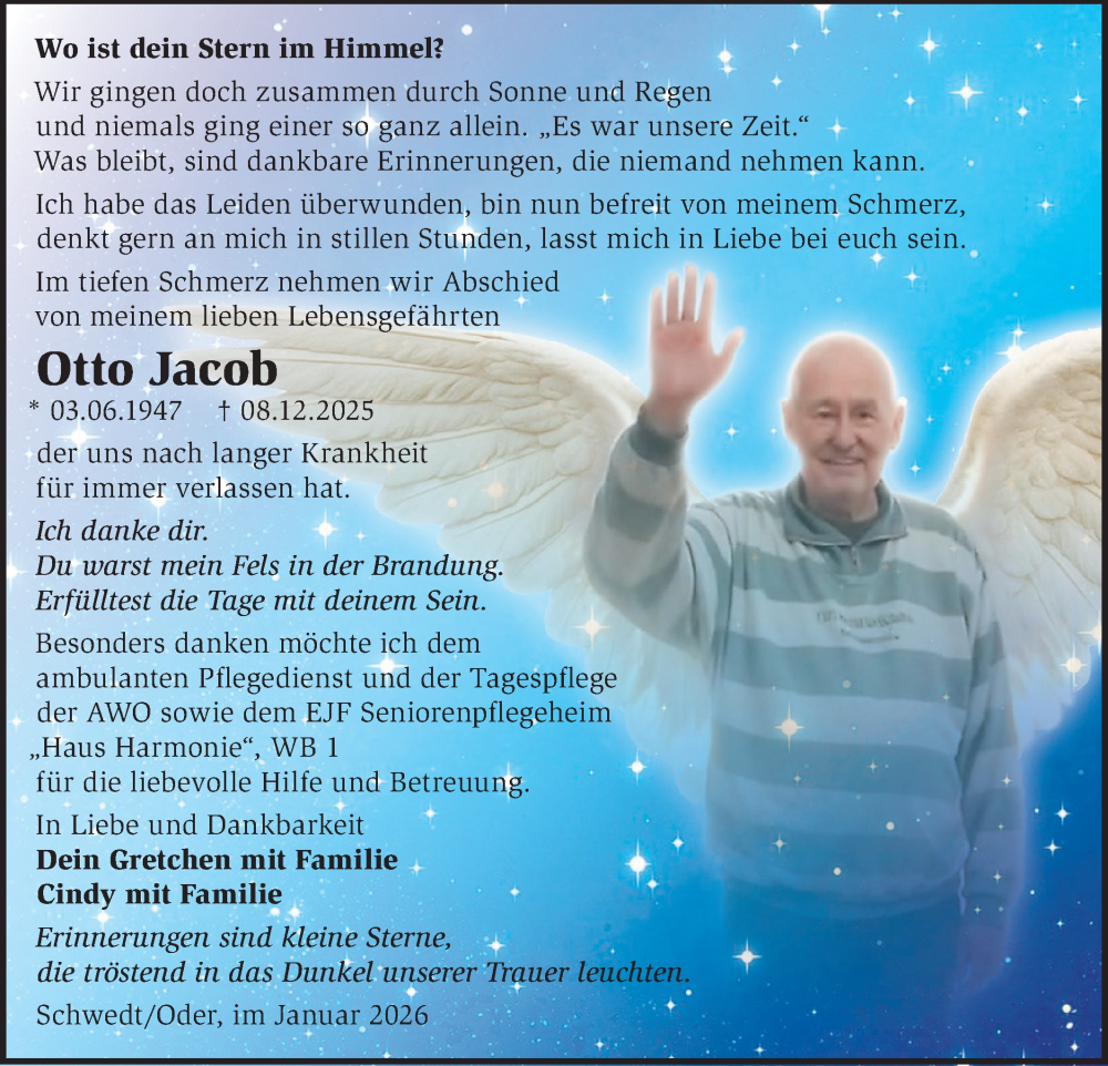  Traueranzeige für Otto Jacob vom 10.01.2026 aus MO Uckerm.-Anz.