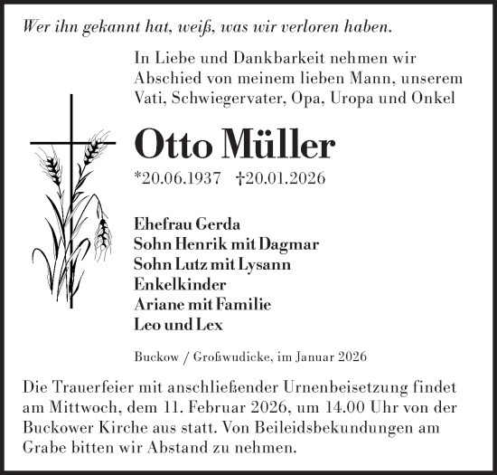 Traueranzeige von Otto Müller von Märkische Oderzeitung
