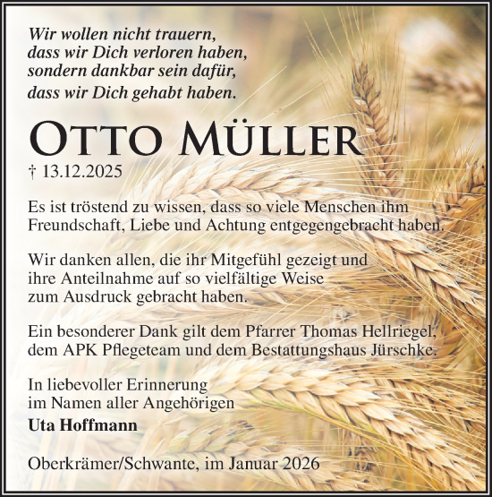 Traueranzeige von Otto Müller von Märkische Oderzeitung