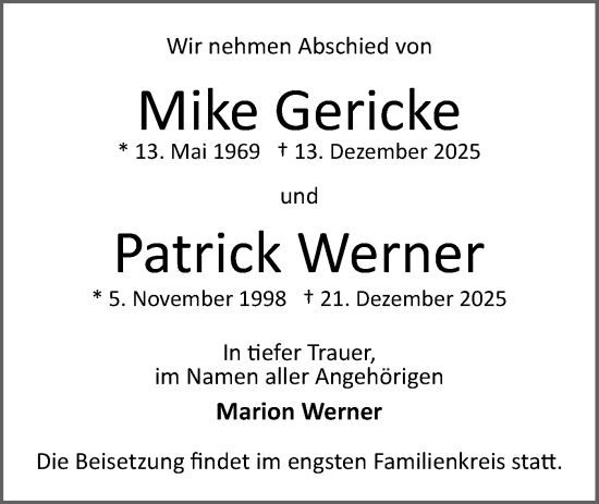 Traueranzeige von Patrick Werner von Märkische Oderzeitung