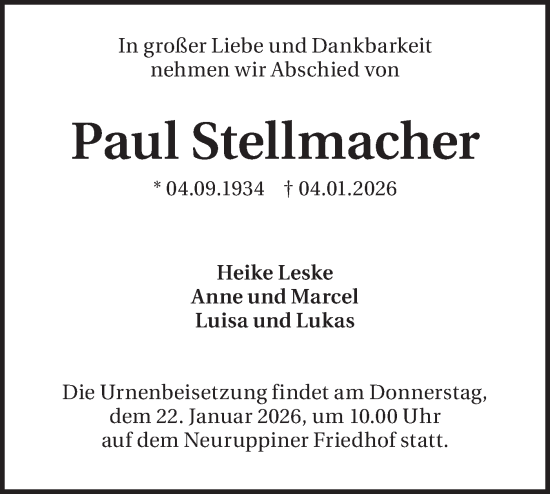 Traueranzeige von Paul Stellmacher von Märkische Oderzeitung