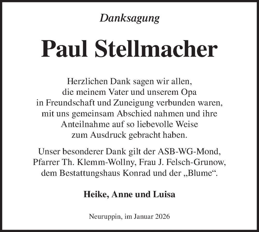  Traueranzeige für Paul Stellmacher vom 31.01.2026 aus Märkische Oderzeitung