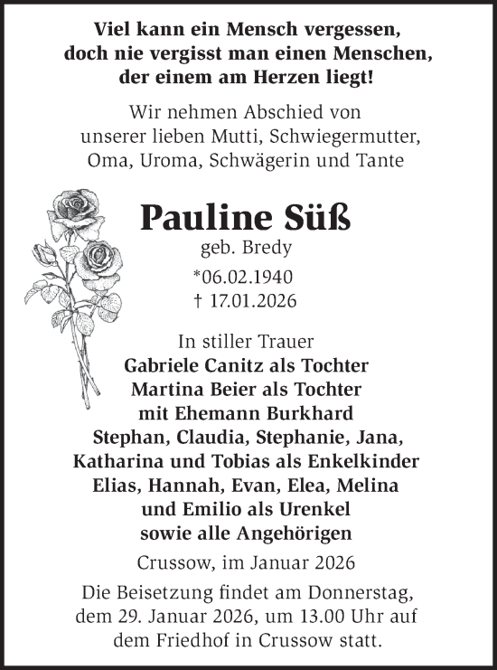 Traueranzeige von Pauline Süß von MO Uckerm.-Anz.