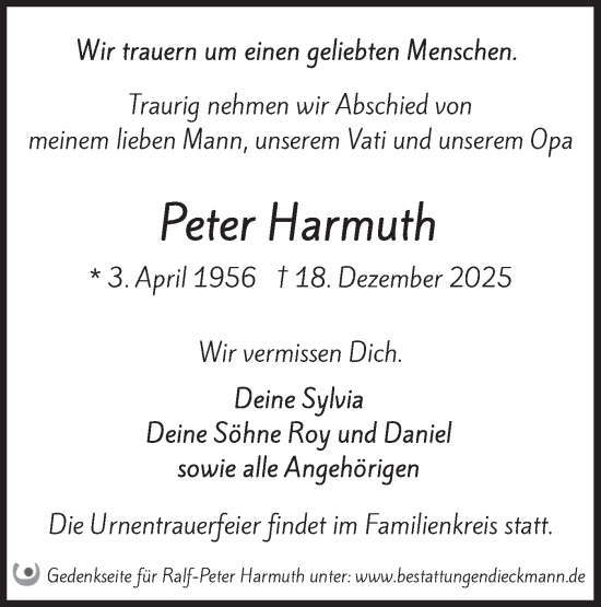 Traueranzeige von Peter Harmuth von Märkische Oderzeitung