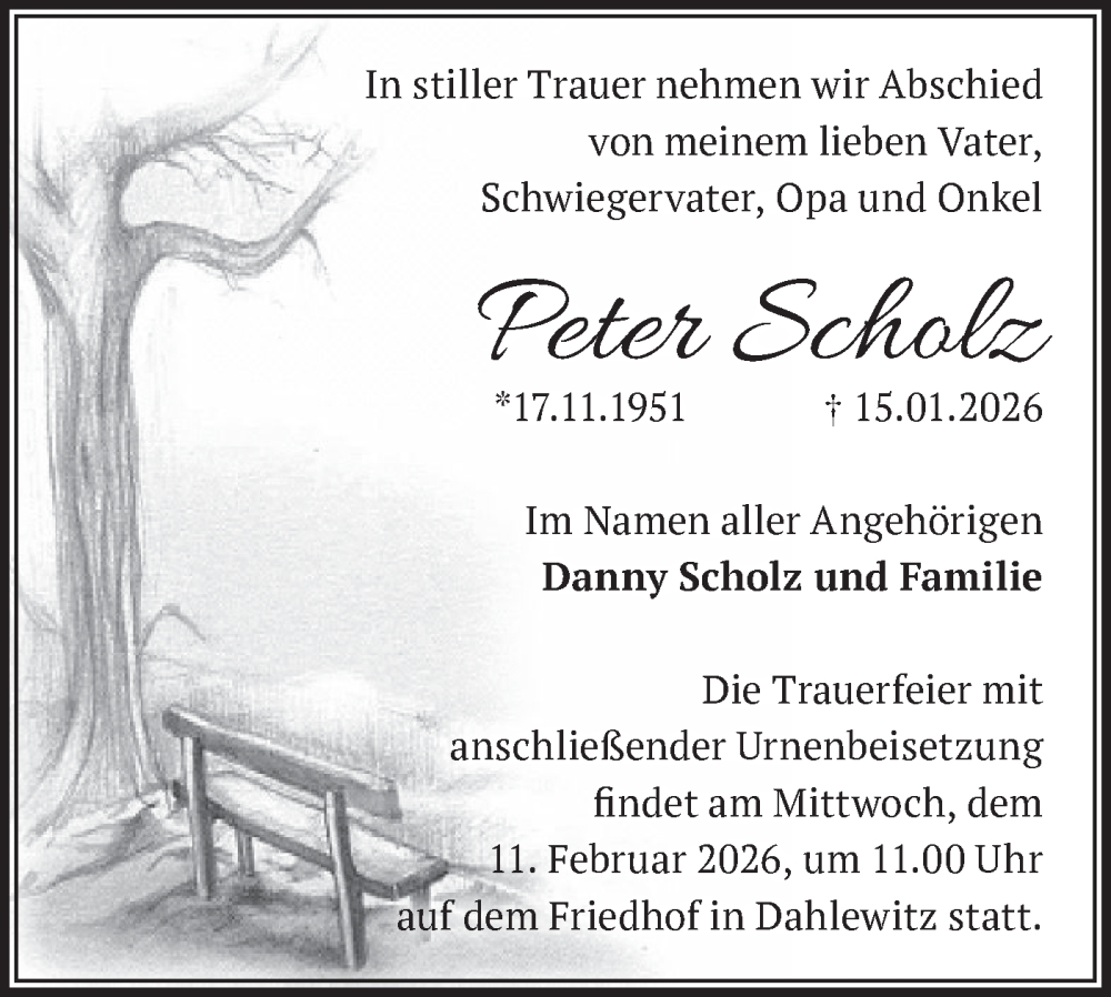  Traueranzeige für Peter Scholz vom 24.01.2026 aus Blickpunkt Ludwigsfelde/Zossen