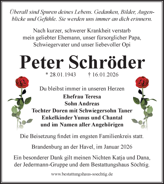 Traueranzeige von Peter Schröder von Märkische Oderzeitung