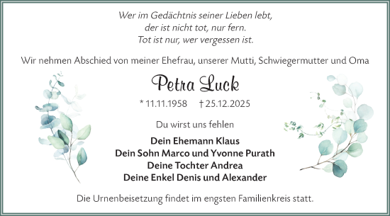 Traueranzeige von Petra Luck von Märkische Oderzeitung
