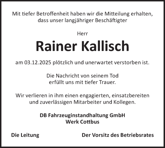 Traueranzeige von Rainer Kallisch von Märkische Oderzeitung