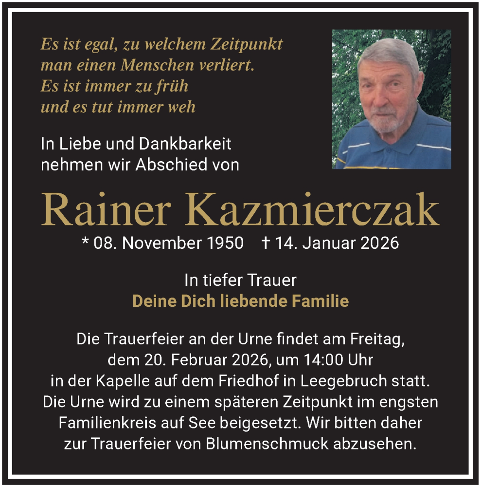  Traueranzeige für Rainer Kazmierczak vom 31.01.2026 aus Märkische Oderzeitung