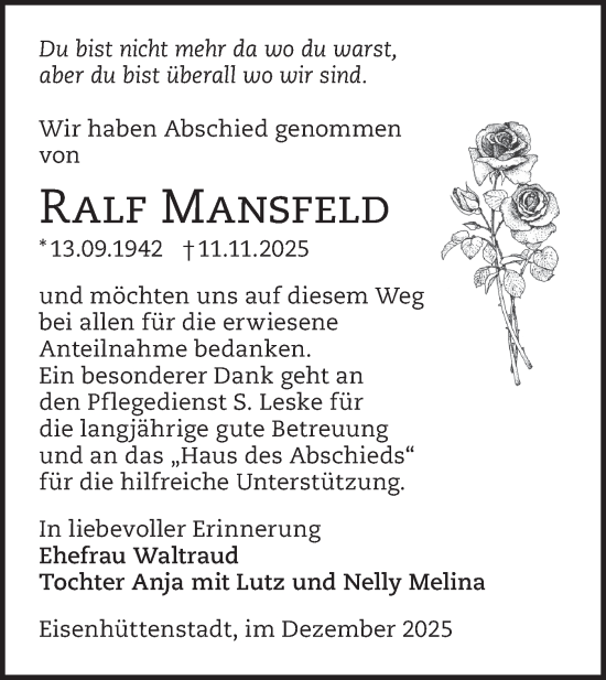 Traueranzeige von Ralf Mansfeld von Märkische Oderzeitung