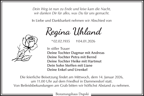 Traueranzeige von Regina Uhland von Märkische Oderzeitung