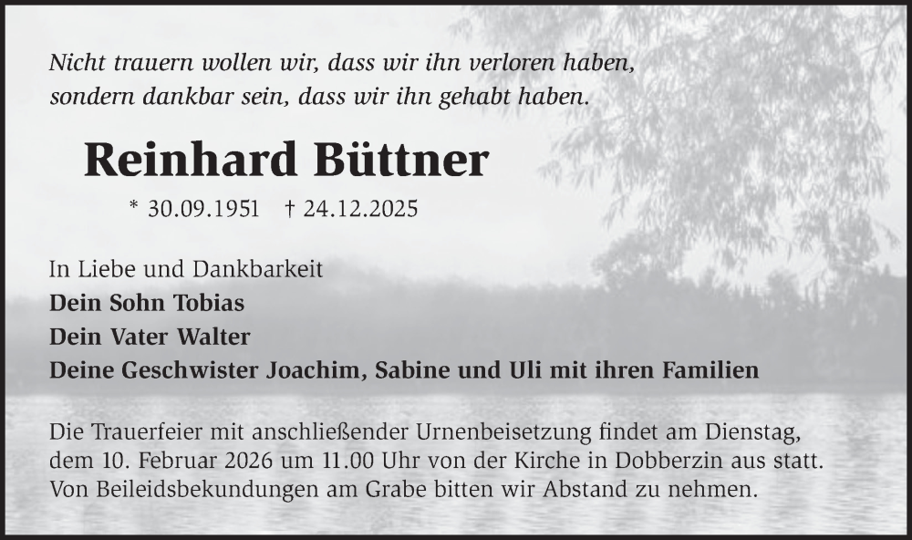  Traueranzeige für Reinhard Büttner vom 31.01.2026 aus MO Uckerm.-Anz.