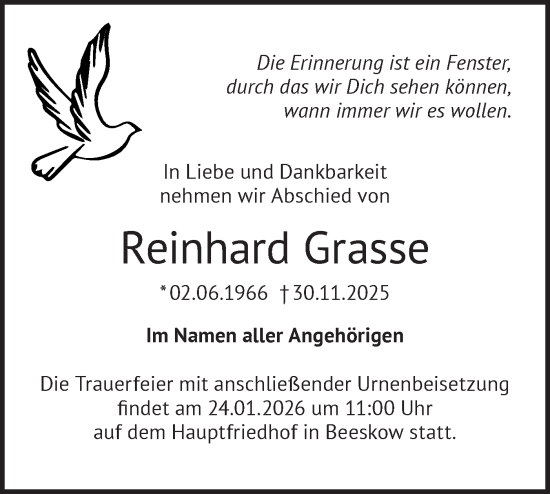 Traueranzeige von Reinhard Grasse von Märkische Oderzeitung