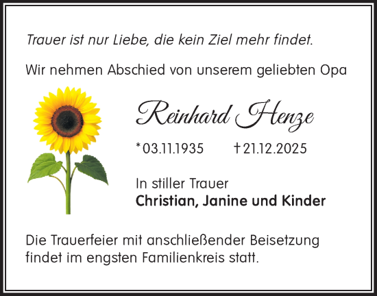 Traueranzeige von Reinhard Henze von Märkische Oderzeitung